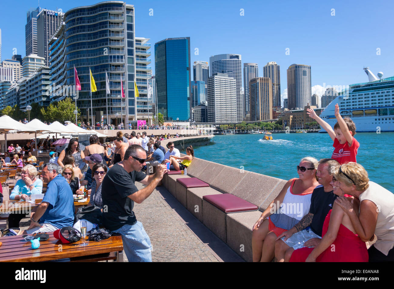 Sydney Australia,Sydney Harbour,harbor,East Circular Quay,city skyline,skyscrapers,promenade,Opera Bar,restaurant restaurants food dining cafe cafes,a Stock Photo