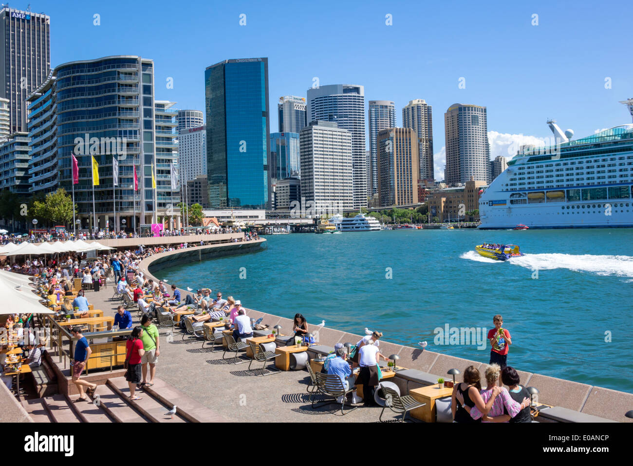 Sydney Australia,Sydney Harbour,harbor,East Circular Quay,city skyline,skyscrapers,promenade,Opera Bar,restaurant restaurants food dining cafe cafes,a Stock Photo