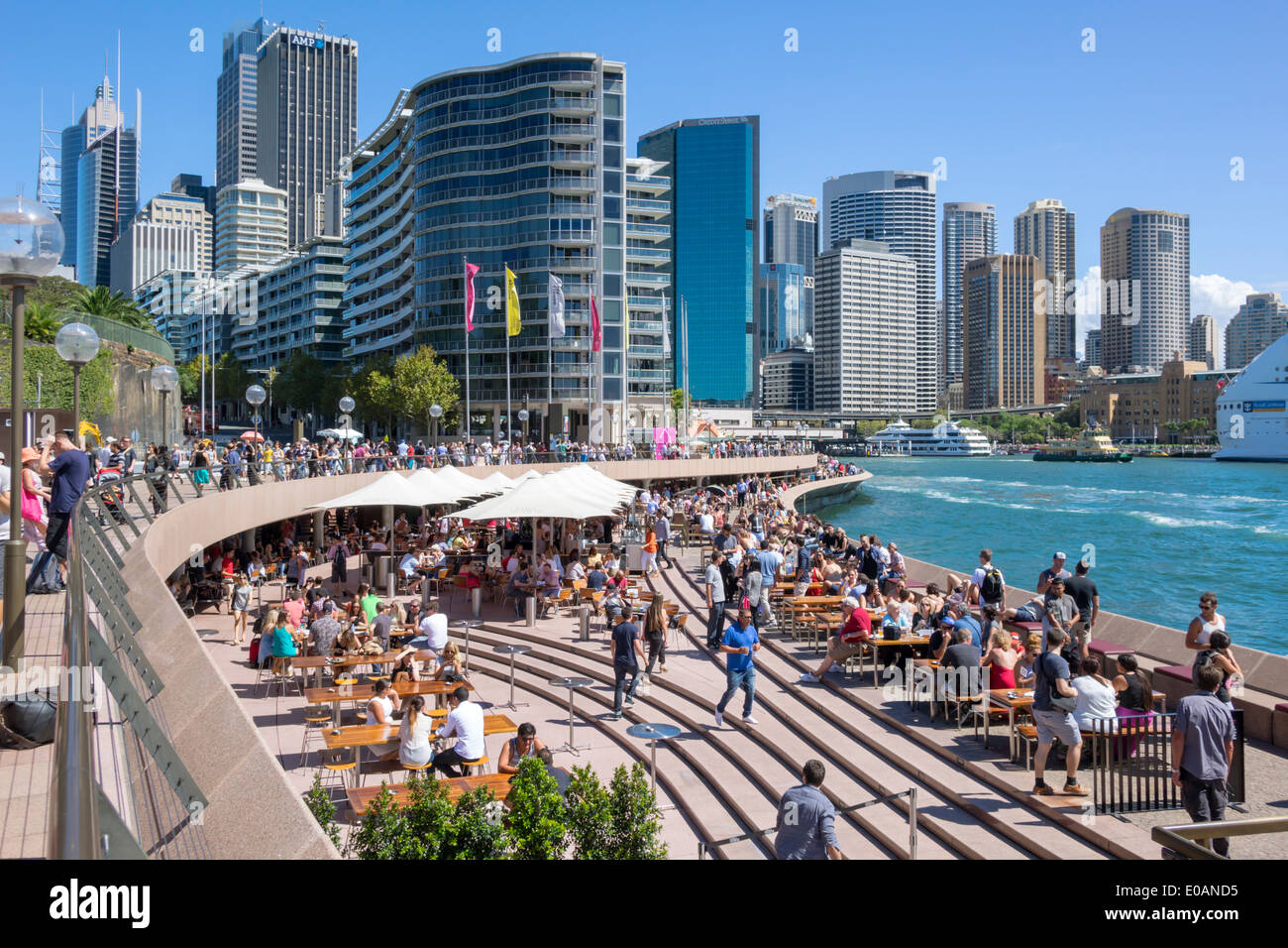 Sydney Australia,Sydney Harbour,harbor,East Circular Quay,city skyline,skyscrapers,promenade,Opera Bar,restaurant restaurants food dining cafe cafes,a Stock Photo