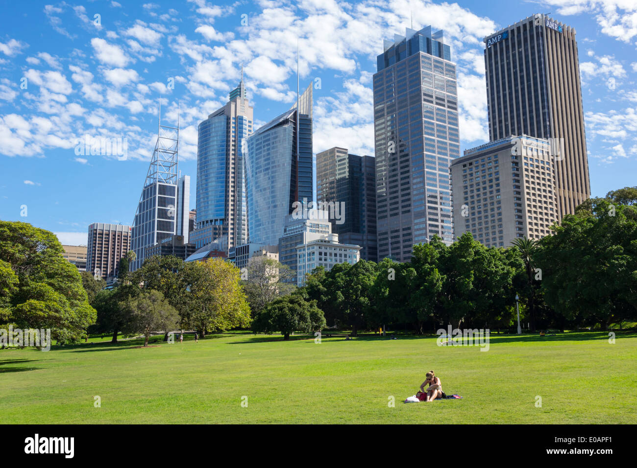 Sydney Australia,Royal Botanic Gardens,city skyline,skyscrapers,woman female women,lawn,park,AU140309117 Stock Photo