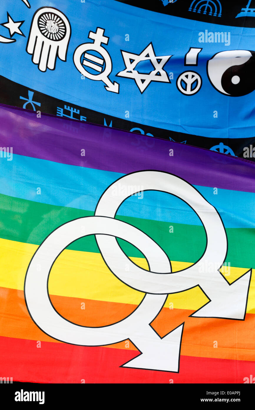 Gay Rainbow flag with equality symbols. Stock Photo