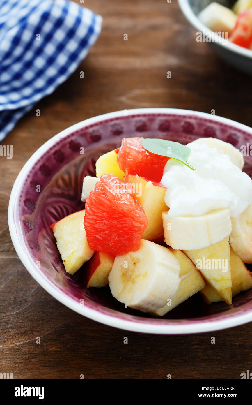 fruit salad with mango and banana, food closeup Stock Photo