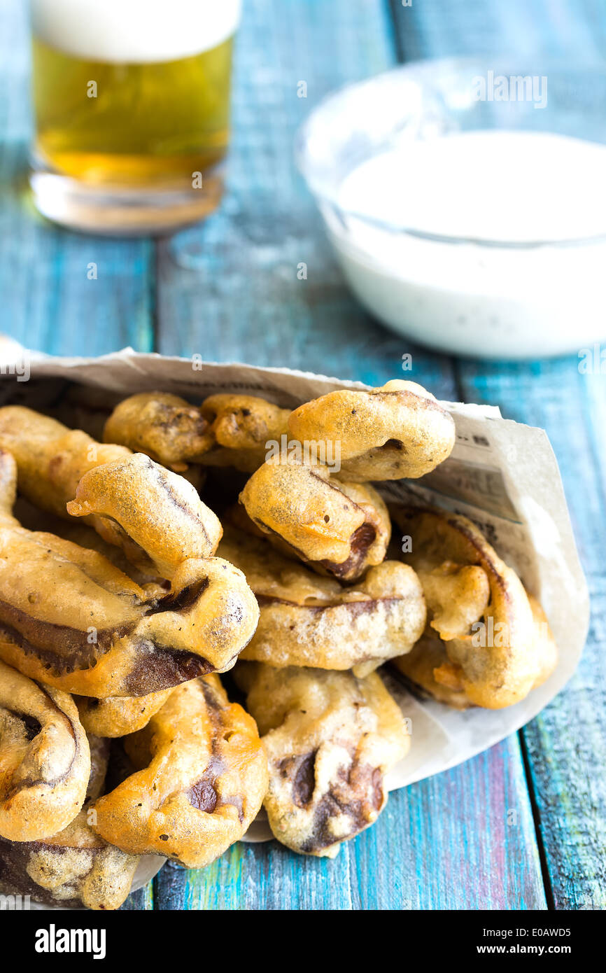 Beer battered portobello mushroom fries with herbed yogurt dipping