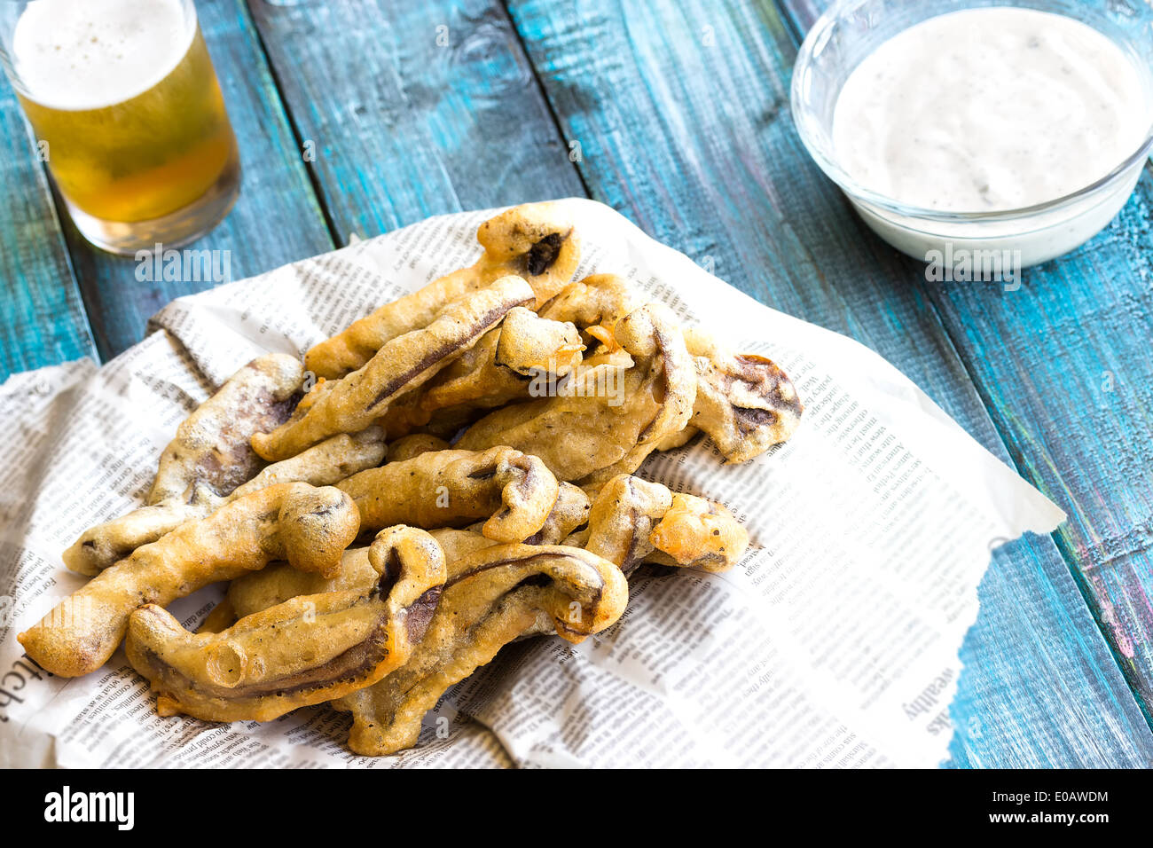 Beer battered portobello mushroom fries with herbed yogurt dipping