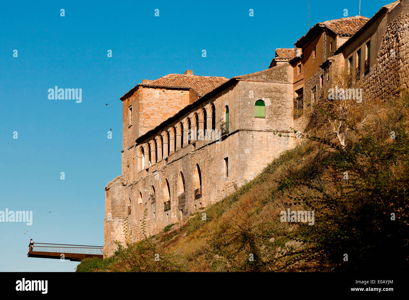 Plaza Mayor and Cantilevers over Duero River, Almazán, Spain. Architect: ch+qs, 2012. Perspective along historic town wall. Stock Photo