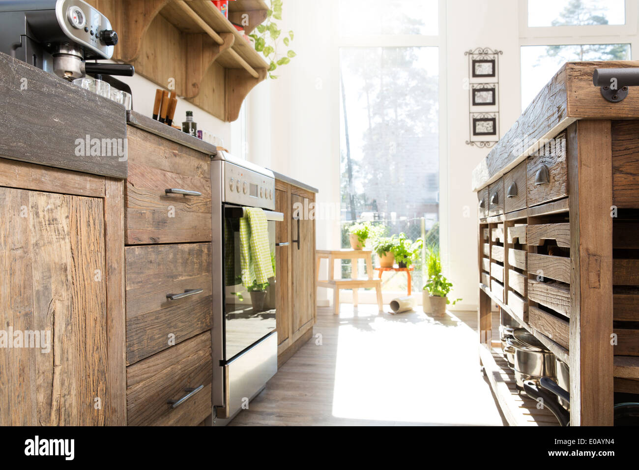 Country style kitchen in sunlight Stock Photo