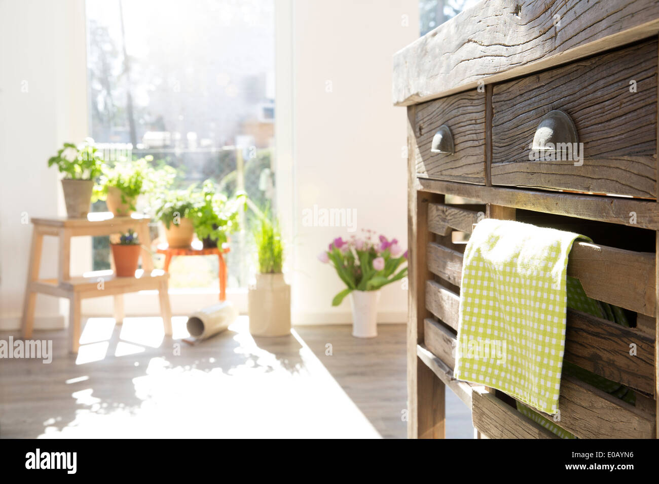 Country style kitchen in sunlight Stock Photo