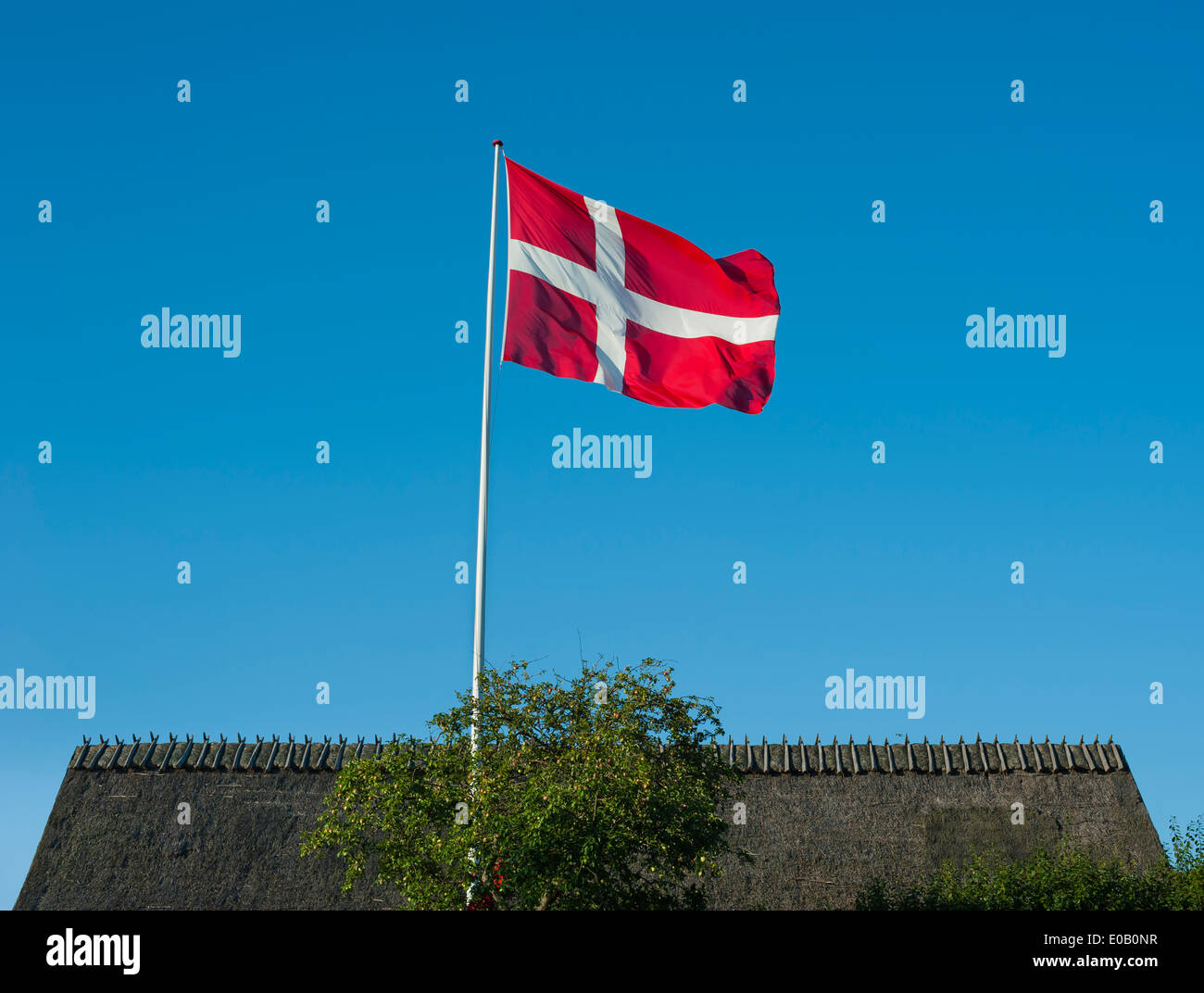 Denmark, Mon island, Danish flag, reed covered roof in the background Stock Photo