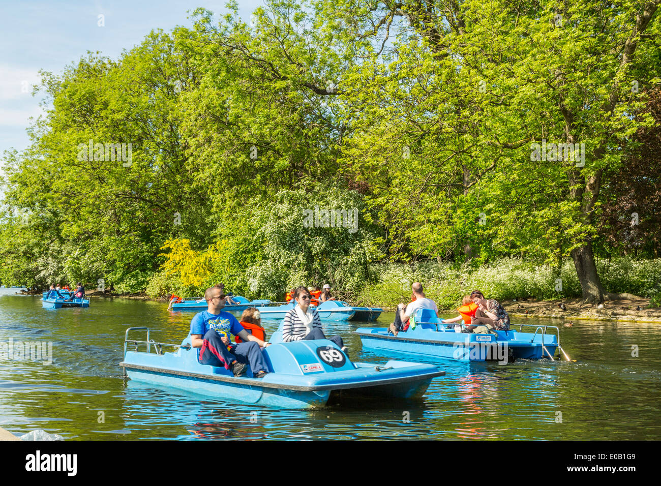 Pedalo boats on the lake in Regents Park London,England UK Stock Photo