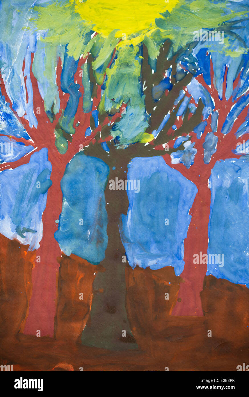 Children's drawing, Trees and sun Stock Photo