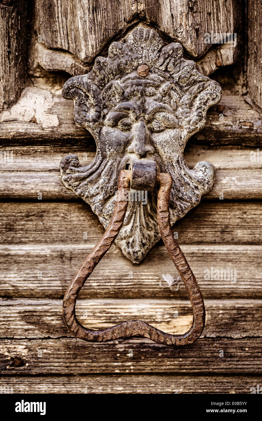 an old and rusty lion shaped door knocker on an antique wooden door Stock Photo