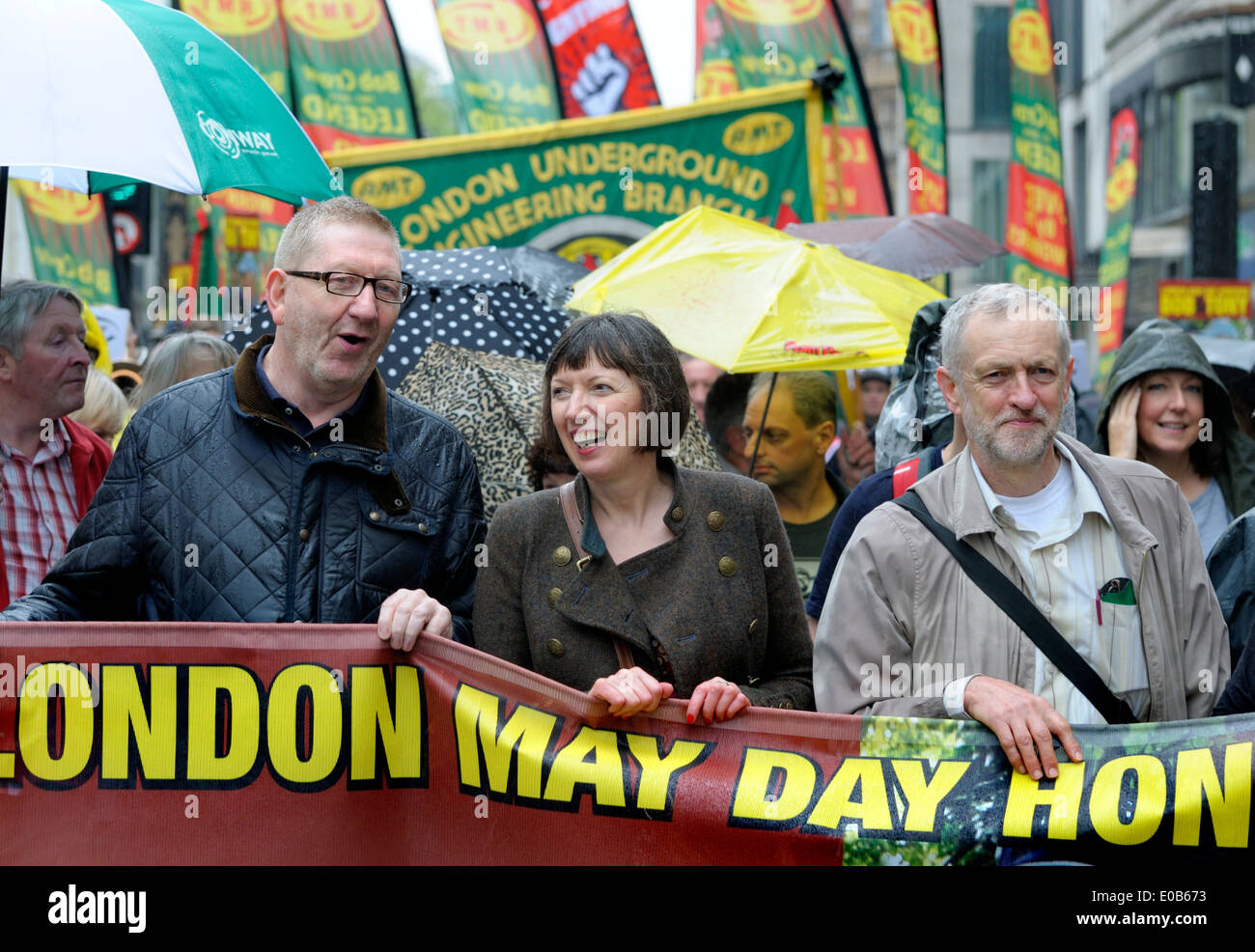Len McCluskey, Frances O'Grady and Jeremy Corbyn MP on march to Trafalgar Square, London. May Day 2014 Stock Photo