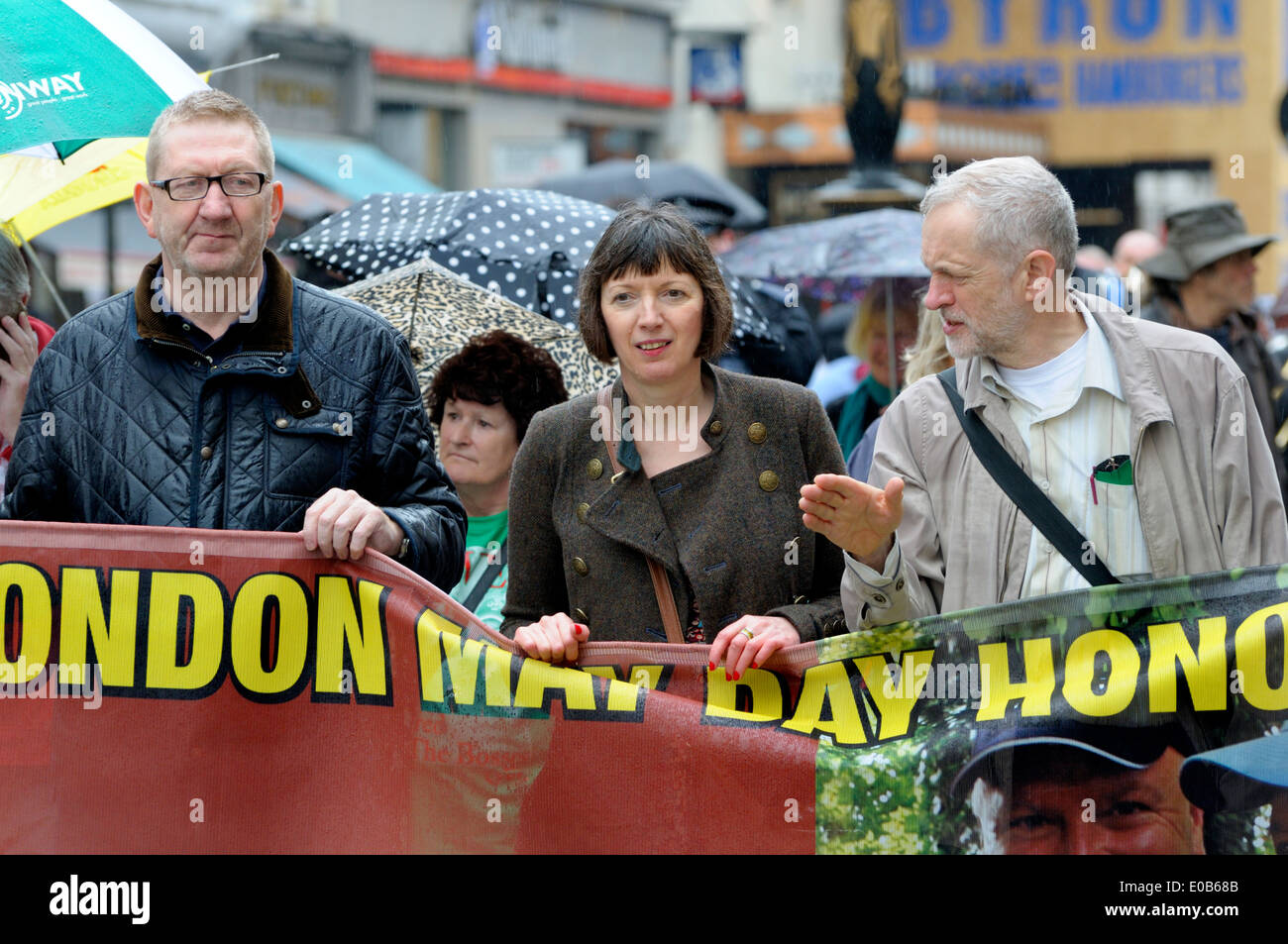 Len McCluskey, Frances O'Grady and Jeremy Corbyn MP on march to Trafalgar Square, London. May Day 2014 Stock Photo