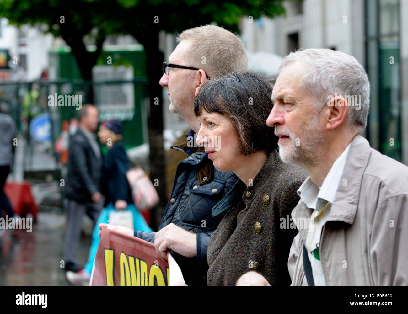 Len McCluskey, Frances O'Grady and Jeremy Corbyn MP on march to Trafalgar Square, London. May Day 2014 Stock Photo