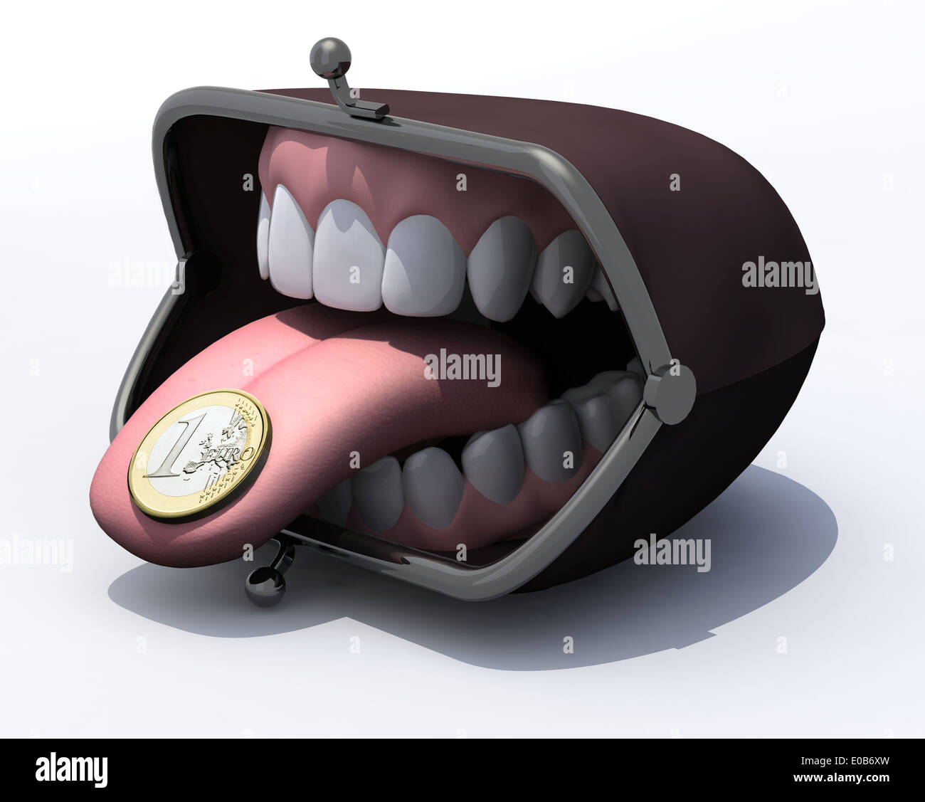 purse with open mouth, tongue out and one euro coin over, 3d