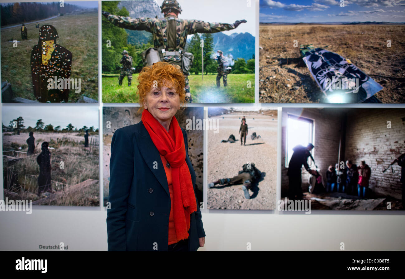 Herlinde Koelbl poses in her new photo exhibition 'Targets' in Berlin, Germany, 08 May 2014. Koelbl has studied typical shooting targets in almost 30 countries for six years. Photo: BERND VON JUTRCZENKA/dpa Stock Photo