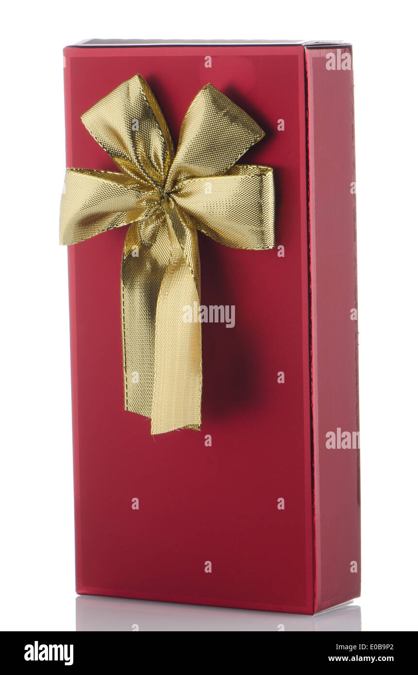 Red box with gold bow on white background Stock Photo - Alamy