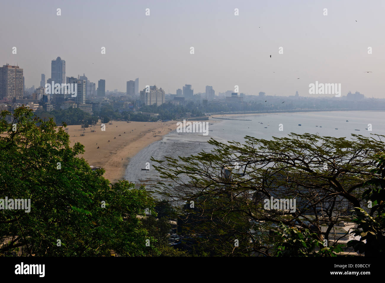 Mumbai Marine Drive Views,Luxury Apartments,Houses,Parsi Towers of Silence,Leafy residential area,Gardens,Mumbai,Bombay,India Stock Photo