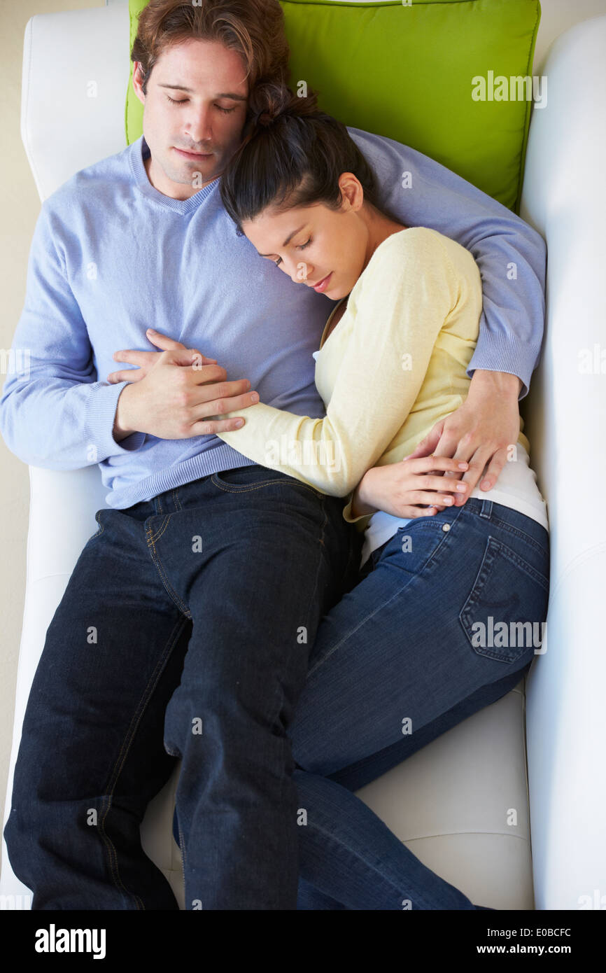 Overhead View Of Couple Relaxing On Sofa Stock Photo Alamy