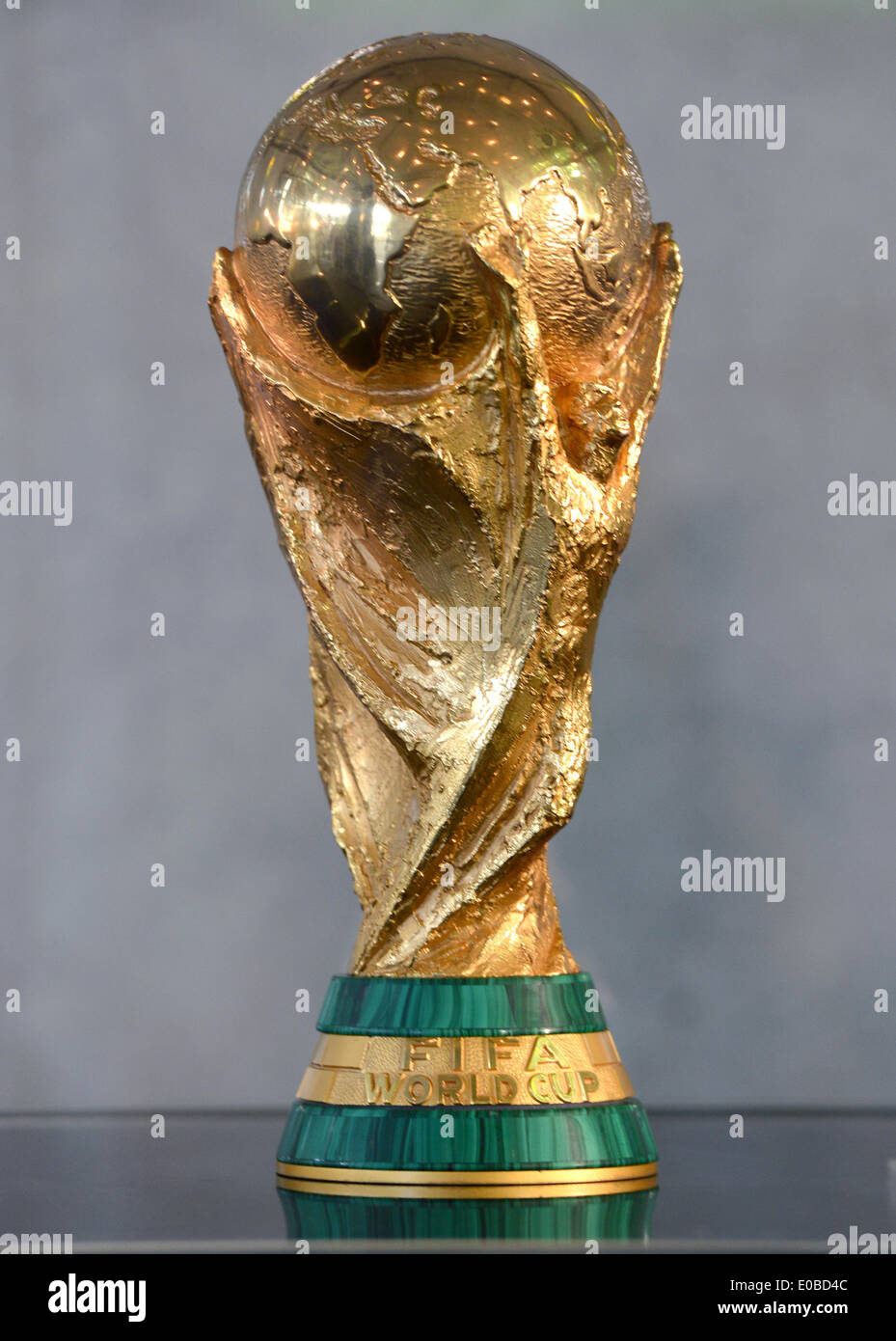 Frankfurt Main, Germany. 08th May, 2014. A remake of the FIFA world cup  trophy is on display during a press conference at the headquarters of the  German Football Association (DFB) in Frankfurt