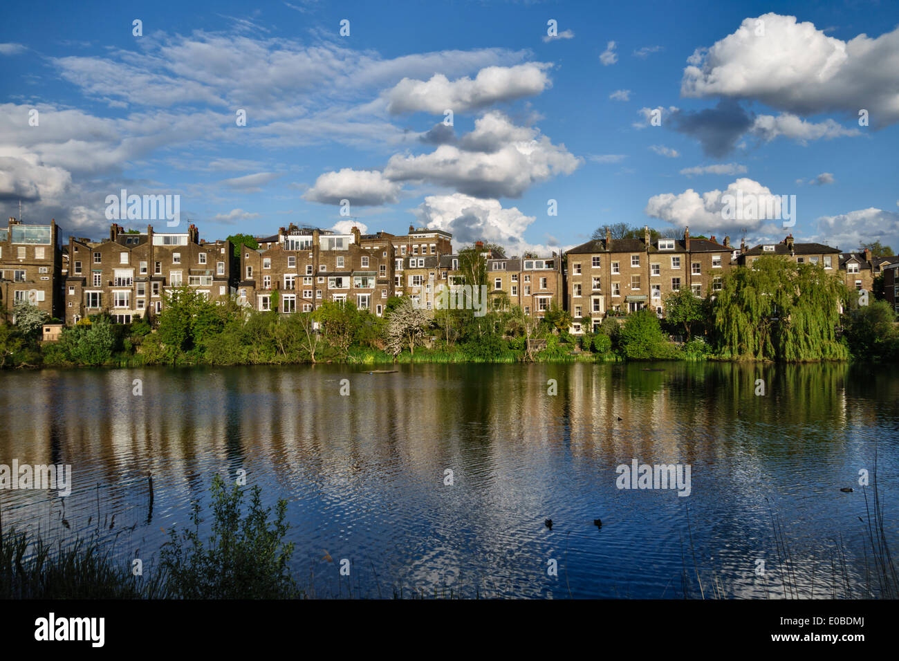 Hampstead No 1 Pond with the houses of South Hill Park, Hampstead Heath, London, UK Stock Photo
