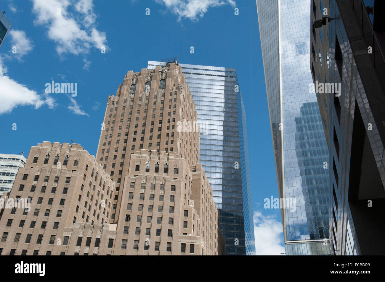The Barclay-Vesey building at 140 West St. (designed by Ralph Walker) and 1 and 7 World Trade Center in New York City. Stock Photo