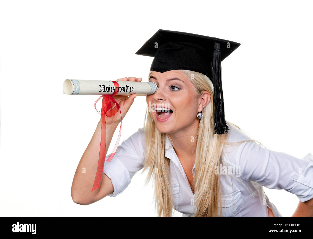 Young woman with doctor Hut looks for job. Job search for the university. Stock Photo
