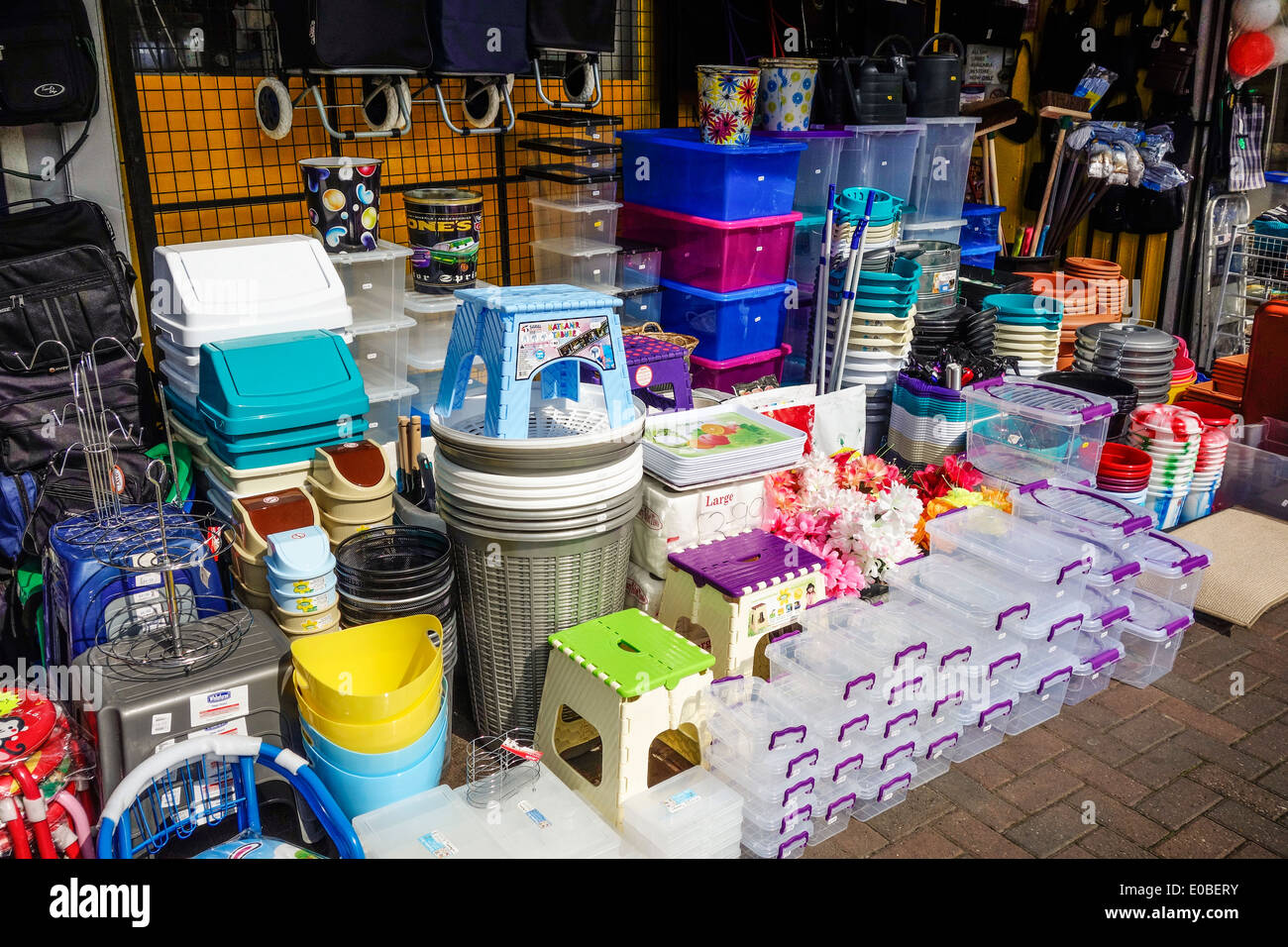 Various plastic containers for sale at a hardware store in Birstall
