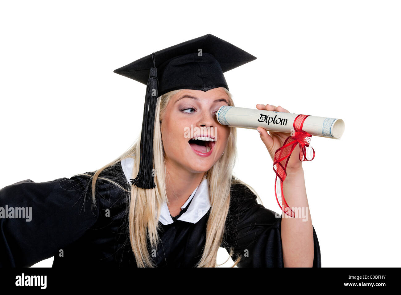 Young woman with doctor Hut looks for job:, Junge Frau mit Doktor Hut sucht Arbeit: Stock Photo