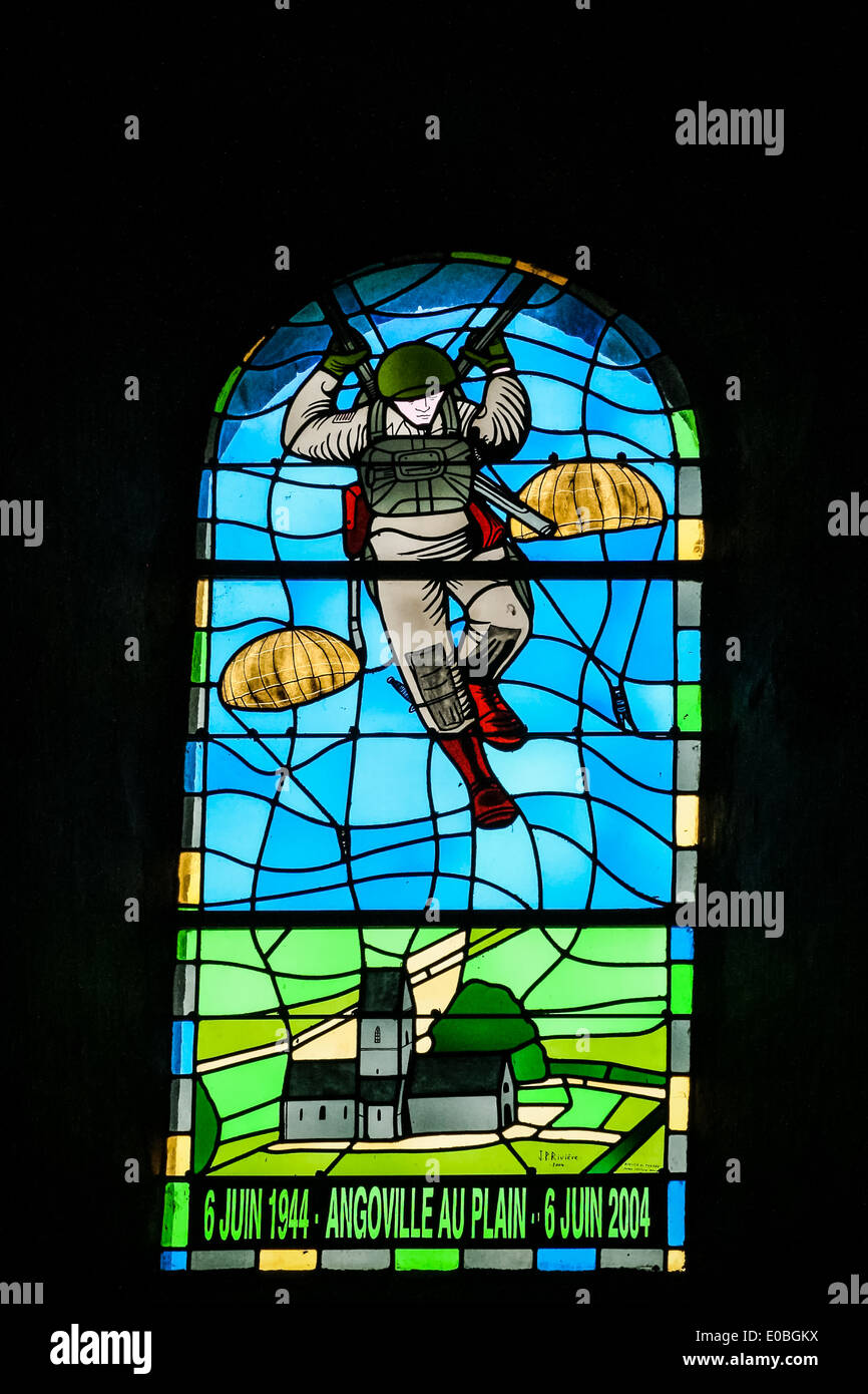 Stained glass window commemorating the DDay landings in a church in