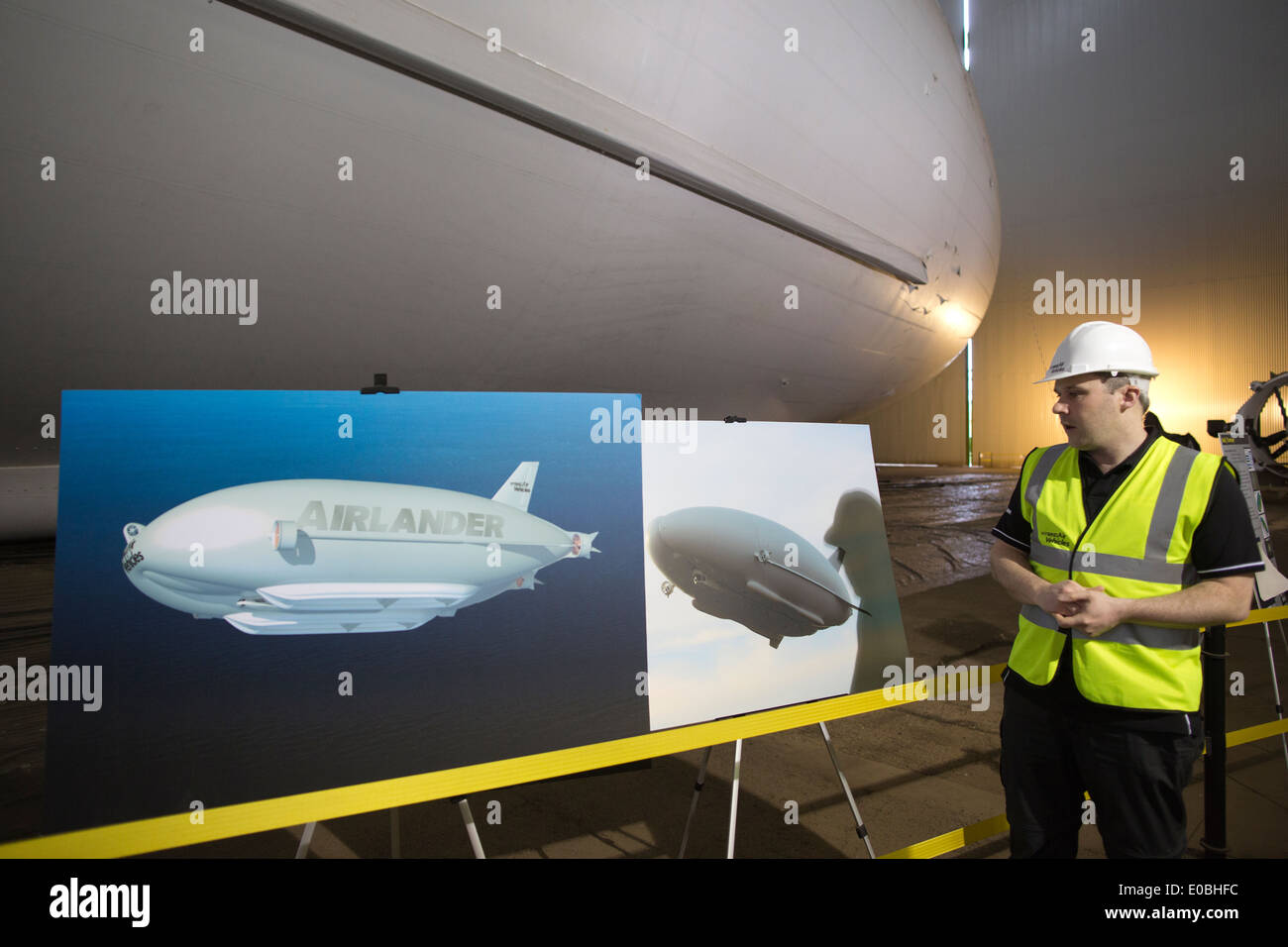 Airlander 10, world's largest aircraft and most advanced airship, in a airship hanger at the former RAF Cardington, Bedfordshire Stock Photo