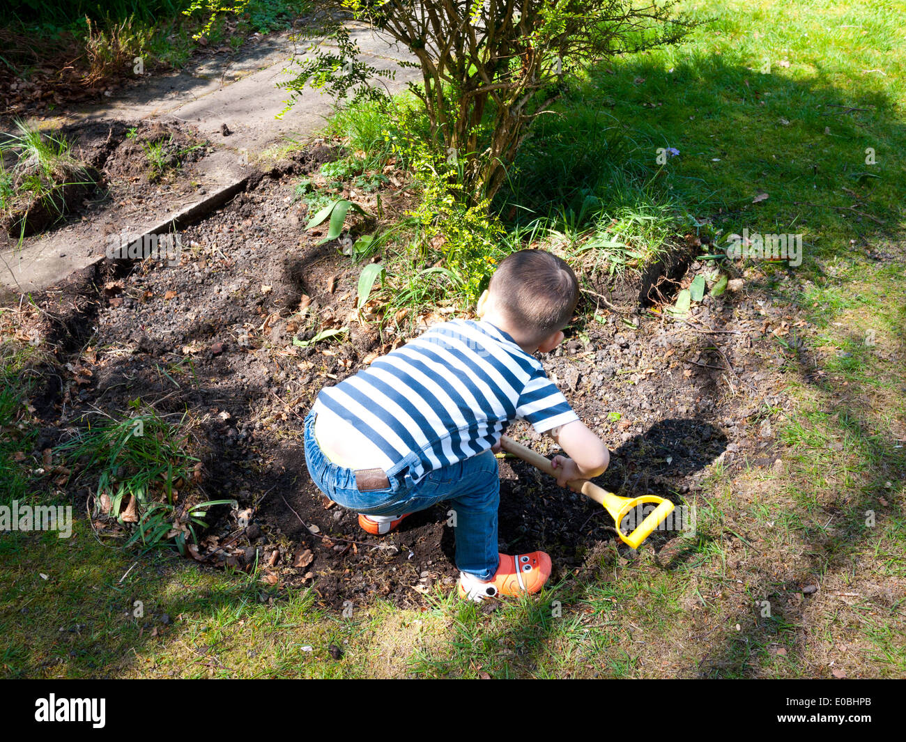 Young boy digging in garden, England, UK. Stock Photo