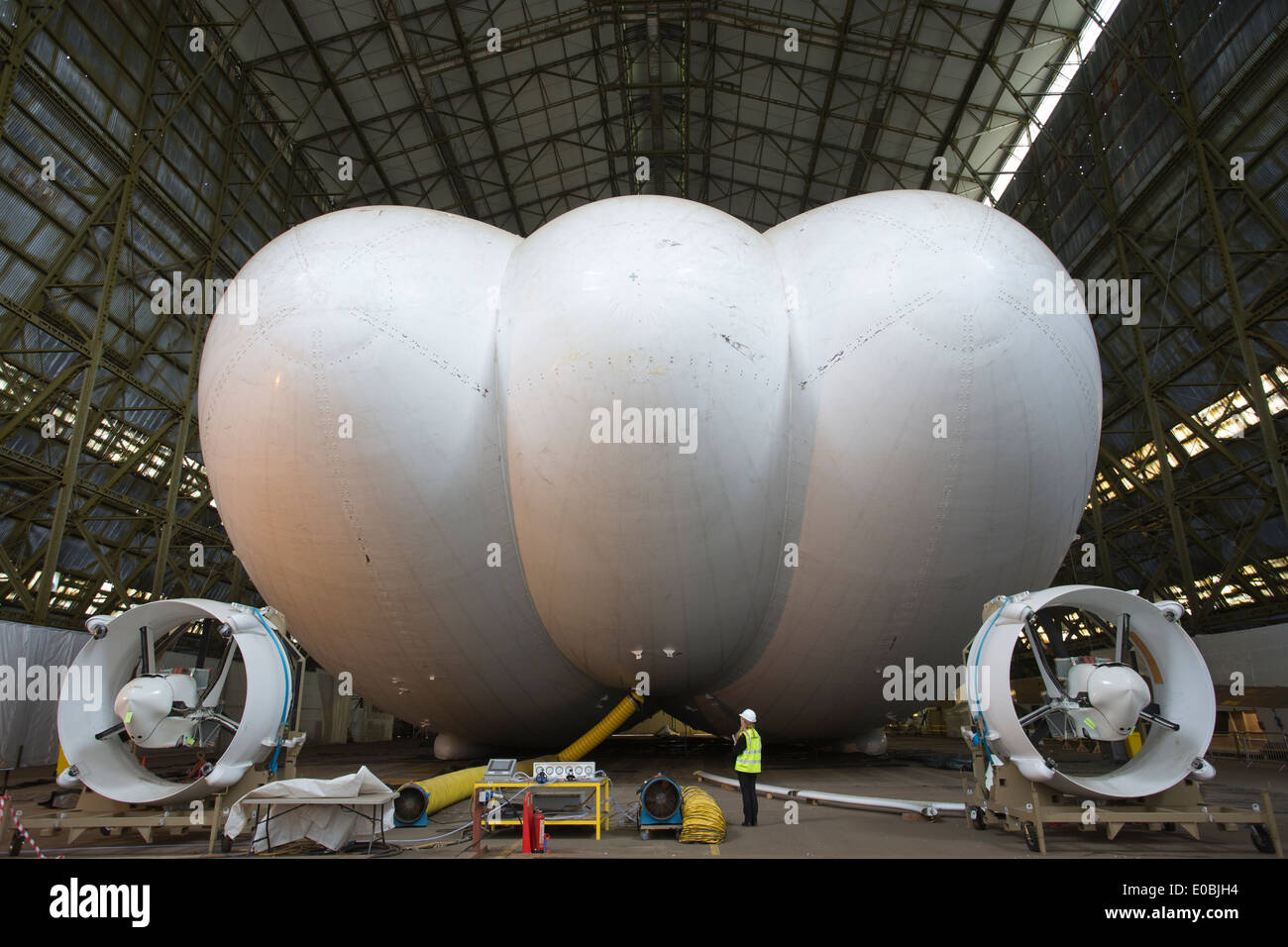 Airlander 10, world's largest aircraft and most advanced airship, in a airship hanger at the former RAF Cardington, Bedfordshire Stock Photo