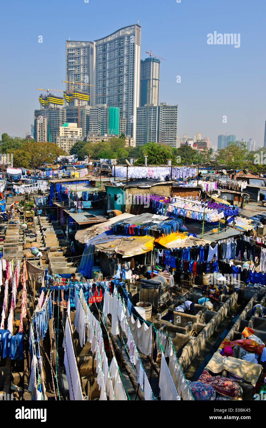 Bombay citys laundry being dried in the hot midday sun hires stock