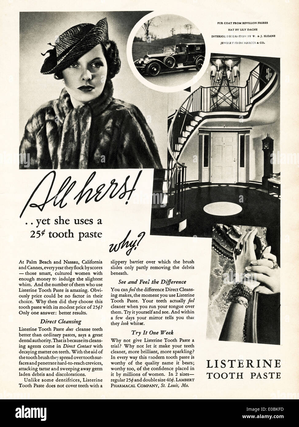Advertisement for LISTERINE tooth paste in American magazine dated December 1934 Stock Photo