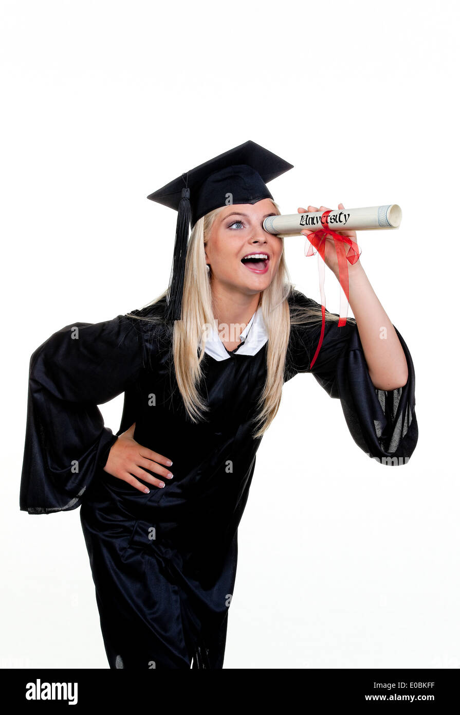 Young woman with doctor Hut looks for job:, Junge Frau mit Doktor Hut sucht Arbeit: Stock Photo