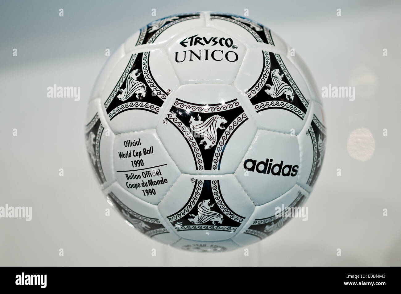 Fuerth, Germany. 08th May, 2014. The 'Etrusco Unico' soccer ball which was  the official ball of the 1990 soccer world cup in Italy is pictured during  the general meeting of sporting goods
