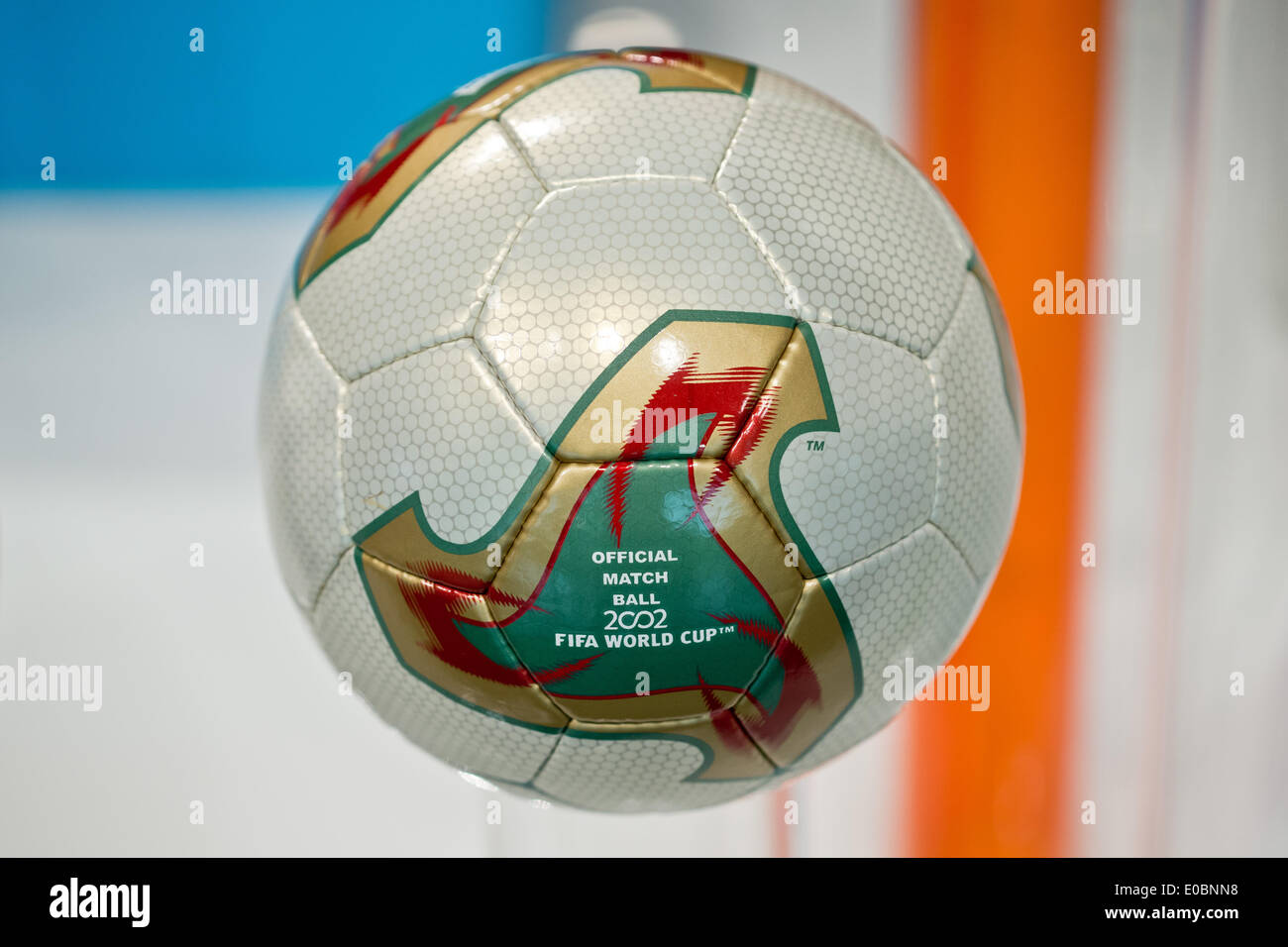 Fuerth, Germany. 08th May, 2014. The 'Fevernova' soccer ball which was the official ball of the 2002 soccer world cup in South Korea is pictured during the general meeting of sporting goods manufacturer adidas in Fuerth, Germany, 08 May 2014. © dpa/Alamy Live News Stock Photo