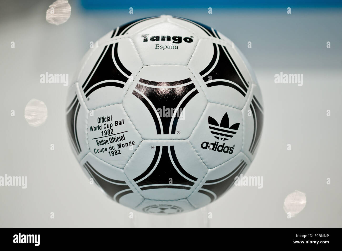 Fuerth, Germany. 08th May, 2014. The 'Tango Espana' soccer ball which was  the official ball of the 1982 soccer world cup in Spain is pictured during  the general meeting of sporting goods