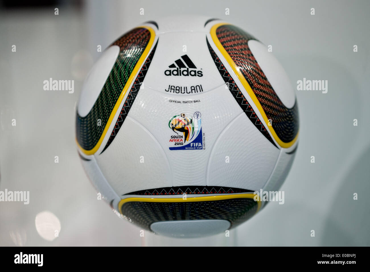 The 'Jabulani' soccer ball which was the official ball of the 2010 soccer world cup in South Africa is pictured during the general meeting of sporting goods manufacturer adidas in Fuerth, Germany, 08 May 2014. Photo: DANIEL KARMANN/dpa Stock Photo