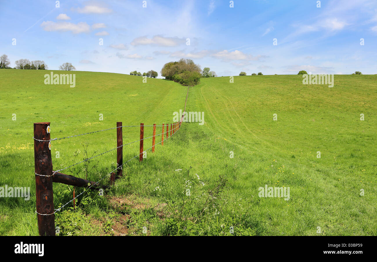 A Landscape in Rural Oxfordshire with barbed wire fence between fields Stock Photo