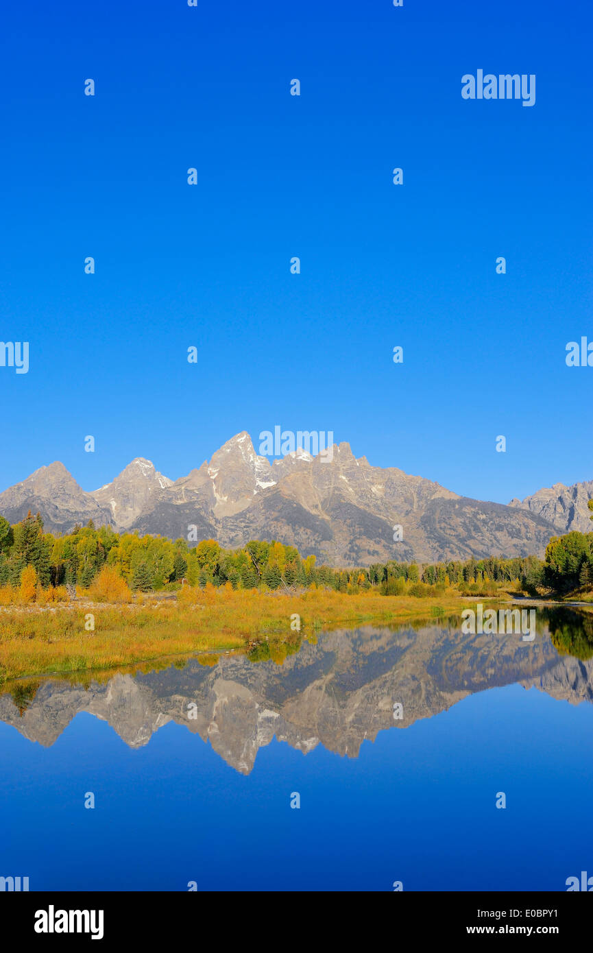 Teton Mountain Range mirrored in Snake River, Grand Teton National Park, Wyoming, USA Stock Photo