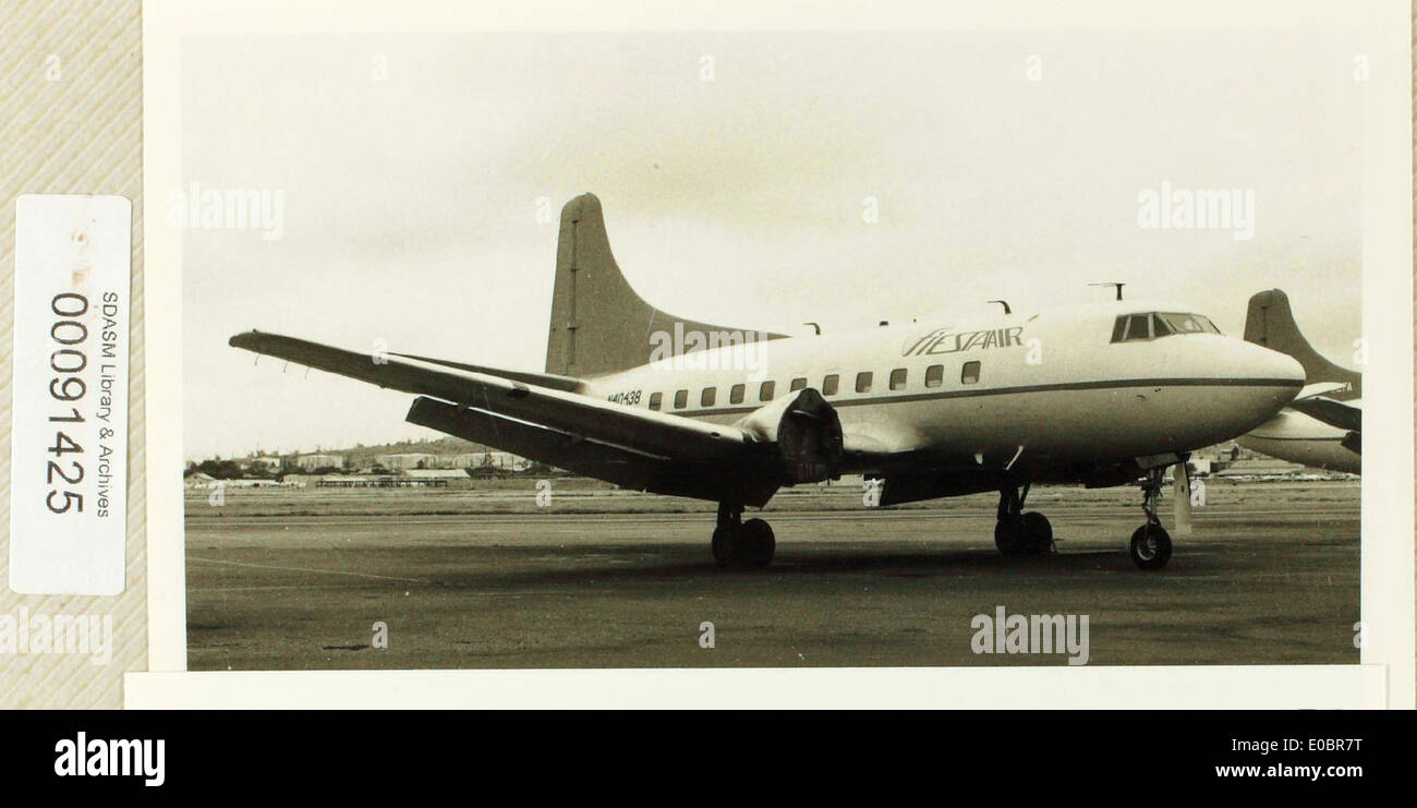The Martin 4-0-4, a twin-engine airliner produced in the 1940s, was used primarily for domestic flights. The aircraft was a successful commercial airliner and featured advancements in aerodynamics and design for its time. Stock Photo