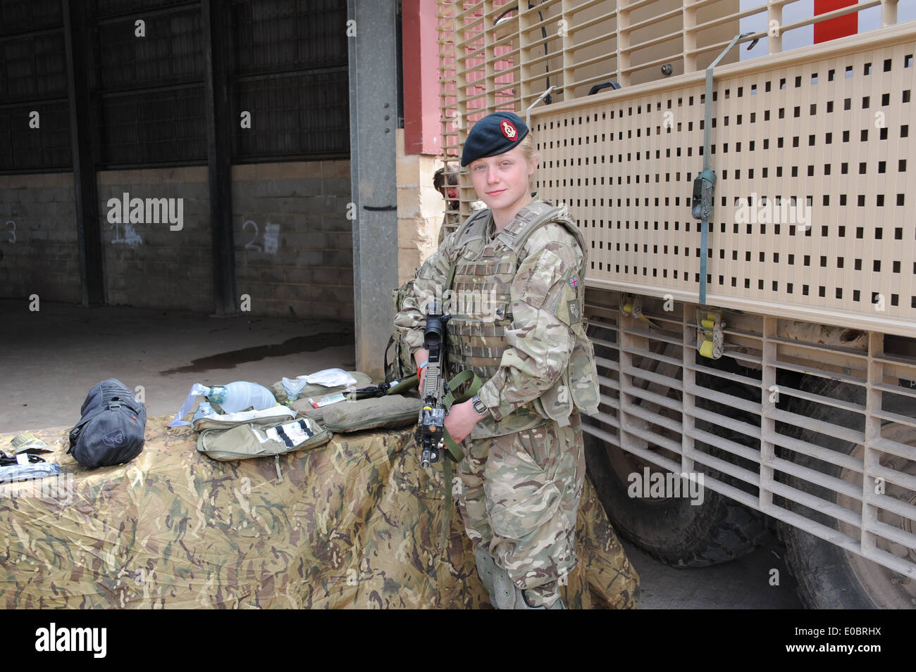 female medic in uniform Royal Army Medical Corp, training to go to