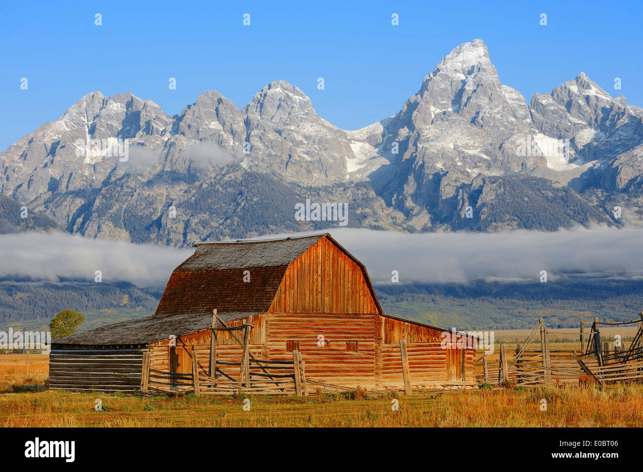 Historic barn in front of Teton Mountain Range, Mormon Row, Antelope Flats, Grand Teton National Park, Wyoming, USA Stock Photo