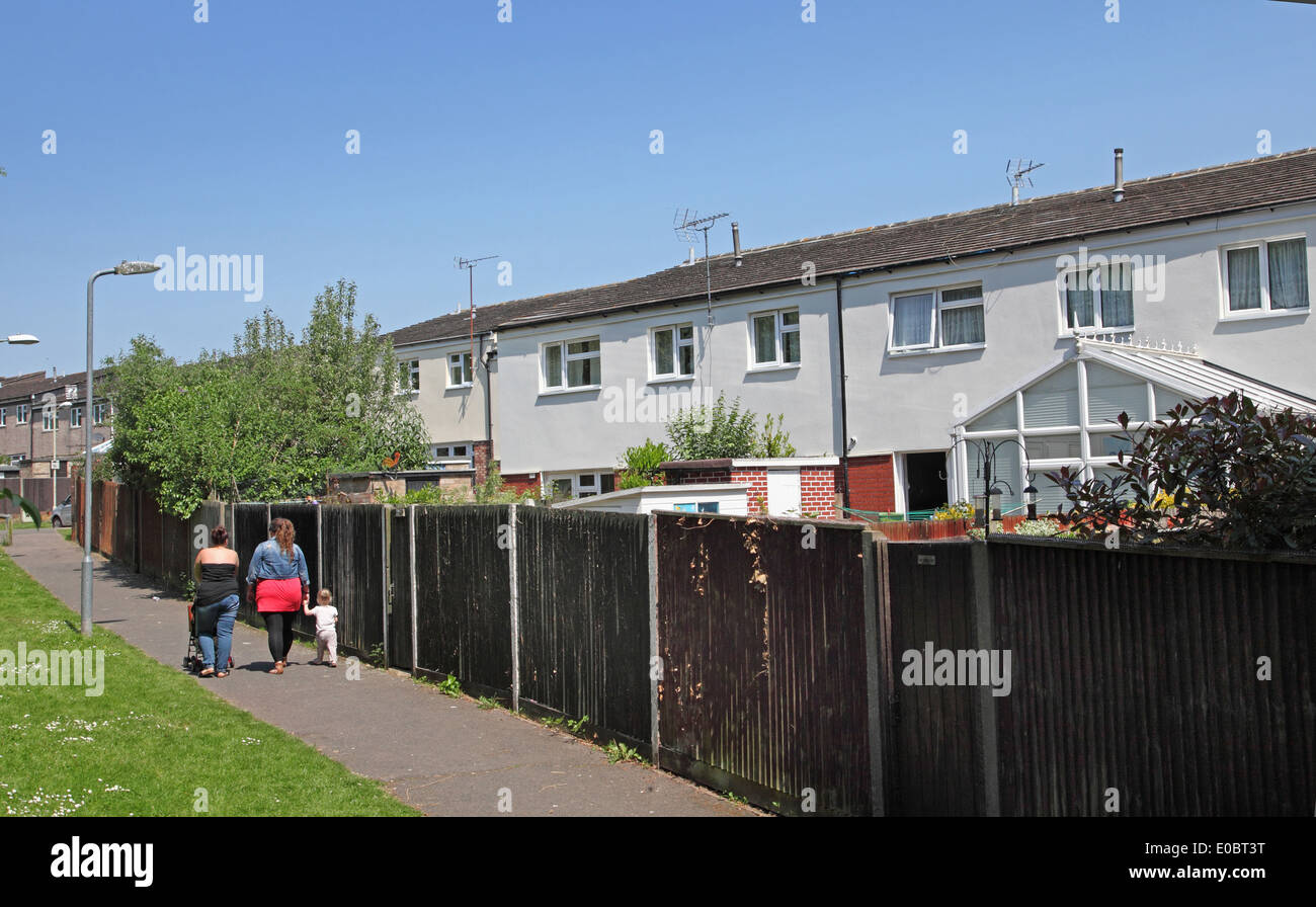 a 1970's built housing estate after overcladding with external insulation panels, re-faced with concrete render and brick slips. Stock Photo
