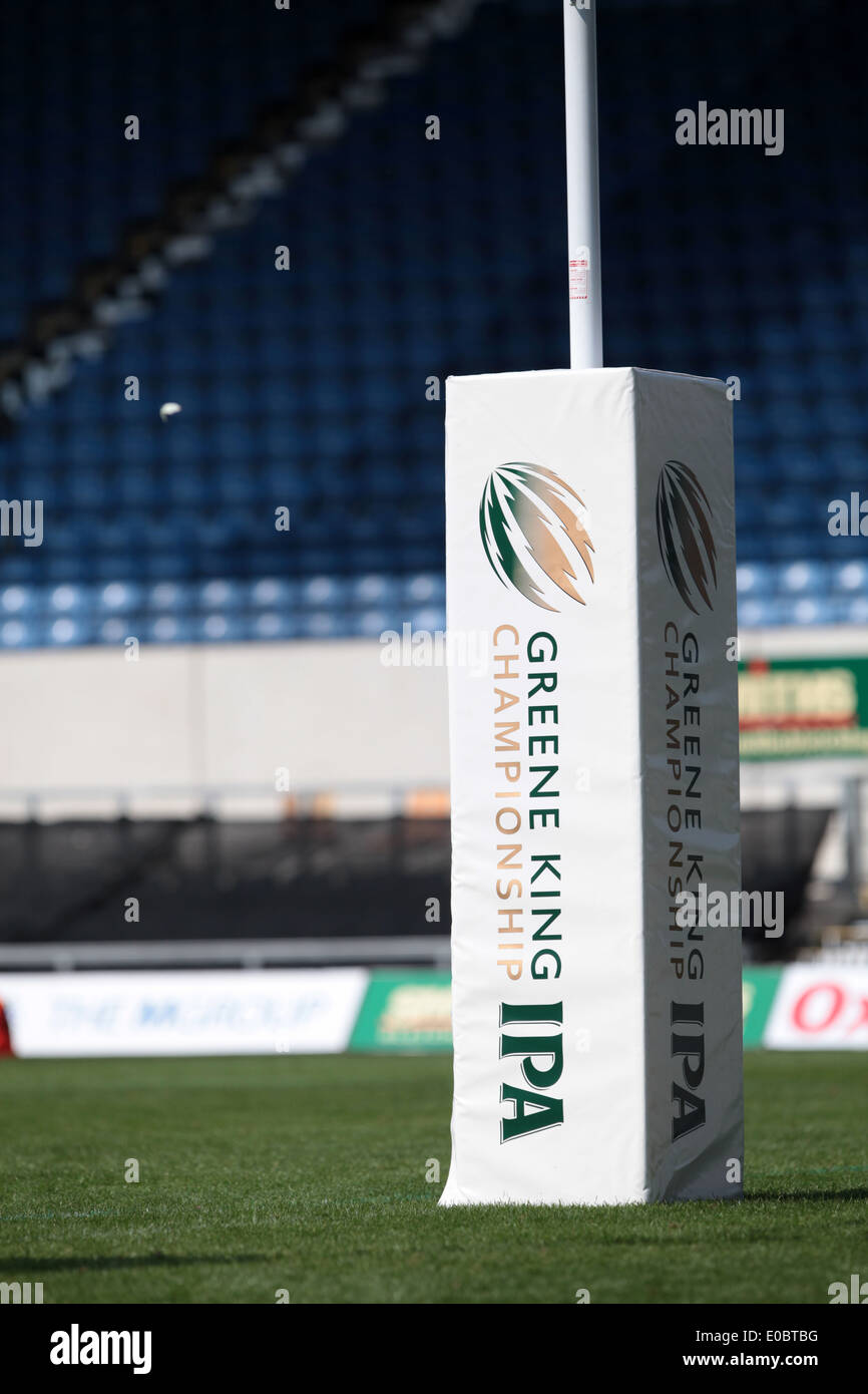Branded rugby post cover at The Kassam Stadium, home of London Welsh rugby club Stock Photo