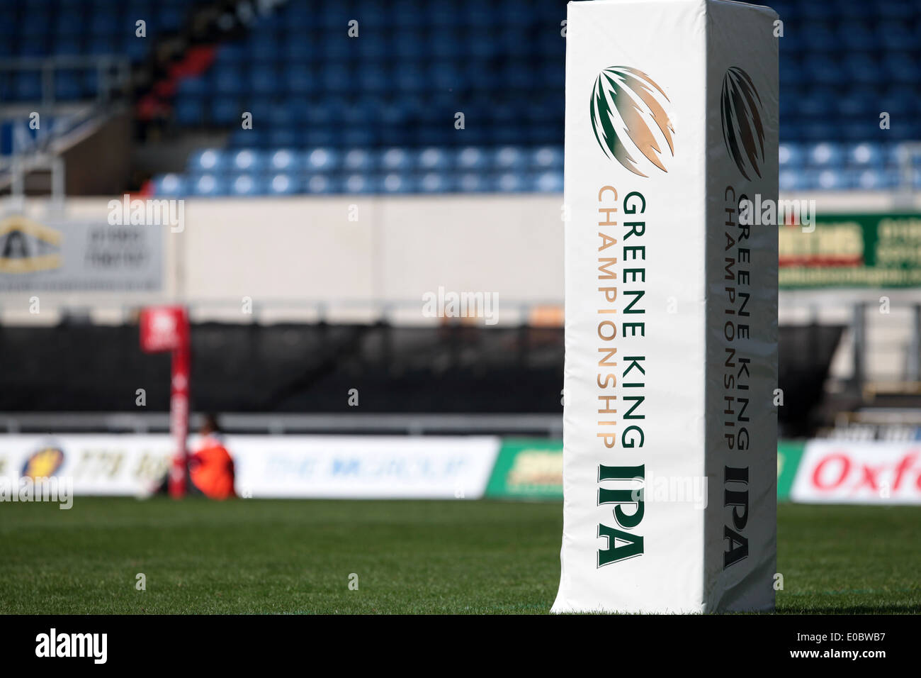 Branded ruby post cover at The Kassam Stadium, home of London Welsh rugby club. Stock Photo
