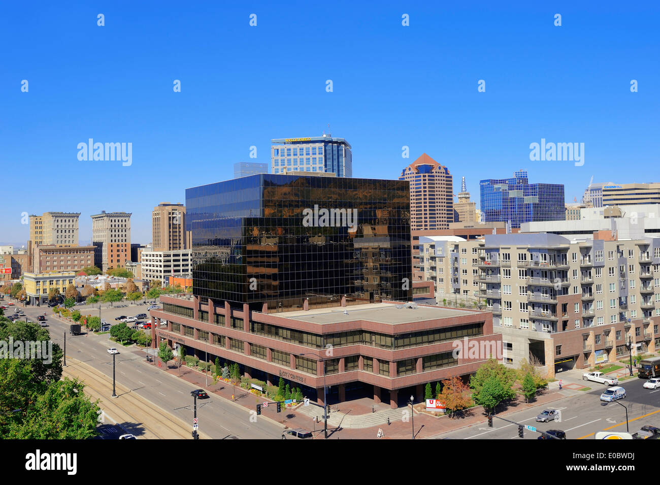 Road and office building, Salt Lake City, Utah, USA Stock Photo