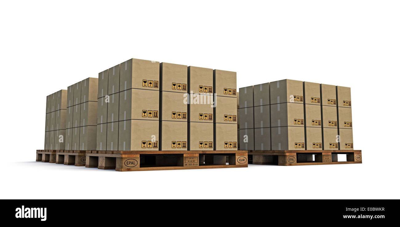 pallets with many cardboard boxes on it isolated on white background